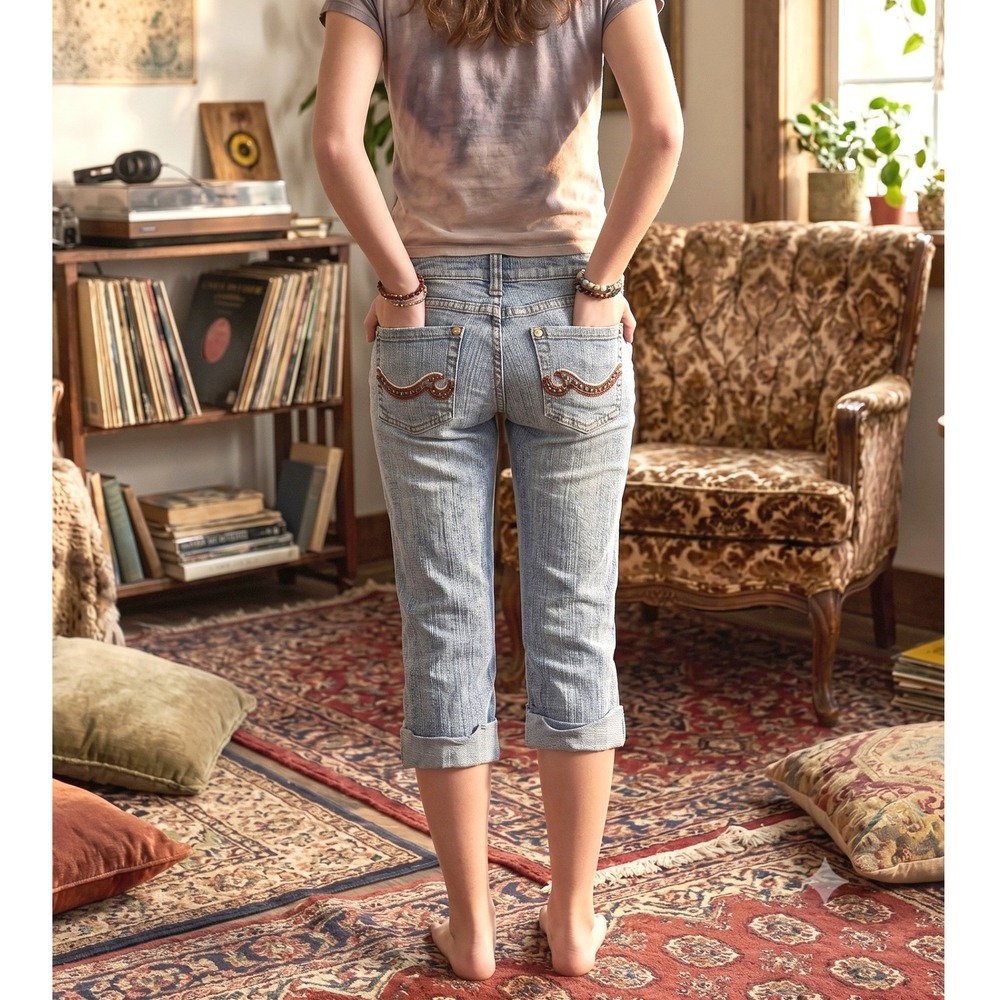 Y2K Fairy Grunge Boho McBling Denim Capri Pants Blue Jean Junior 7 (29x16.5)